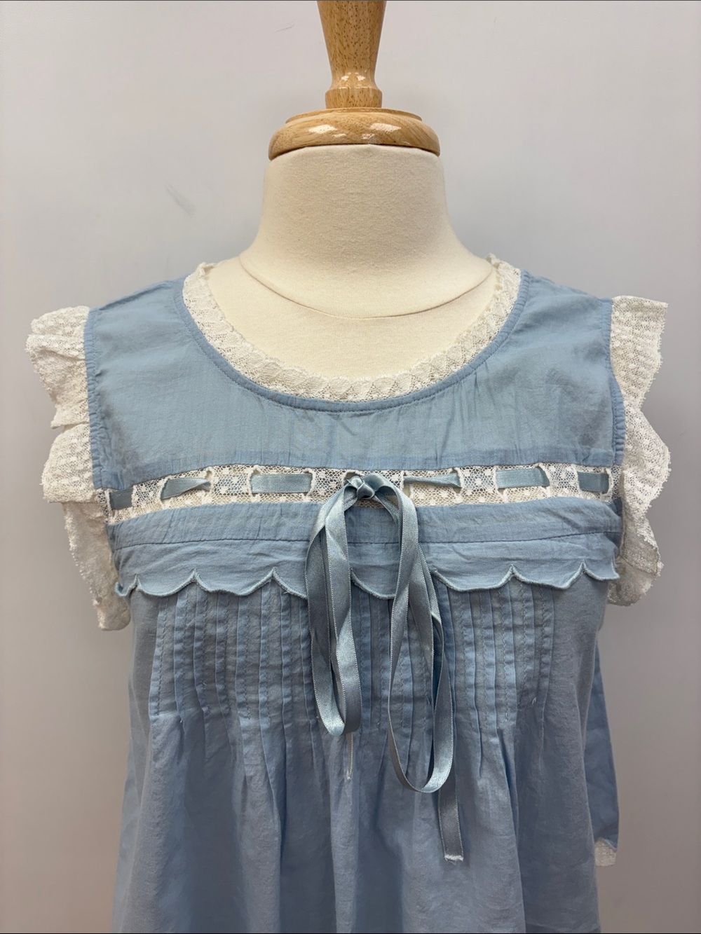 LoveShackFancy Cottage Ruffle Lace Pleated Prairie Woven Shirt Blue Medium - Picture 2 of 8